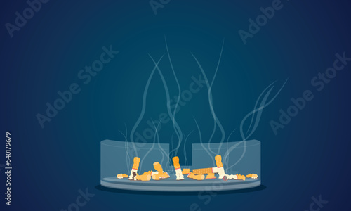 Cigarette stub on a blue background, an unhealthy smoking concept