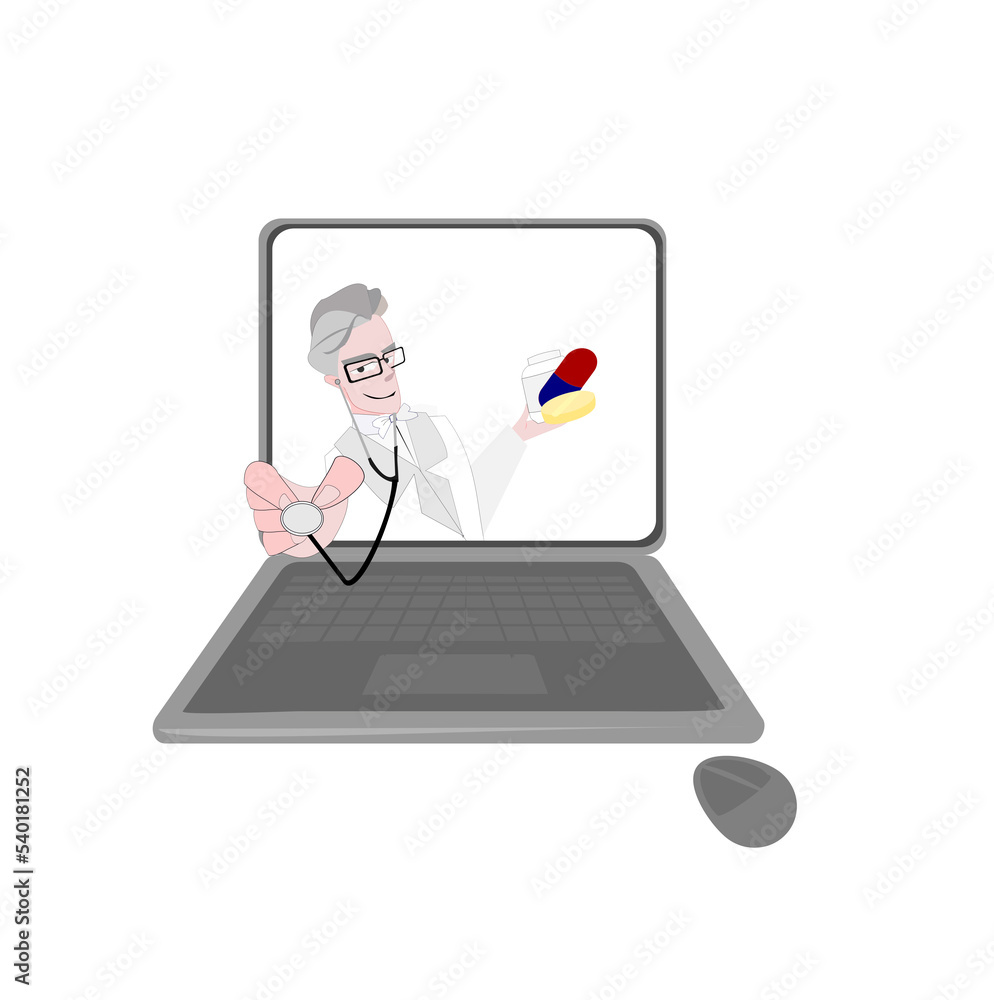 illustration doctor and drug and computer on isolate white background.Online medical consultation concept. illustration doctor and drug and computer on isolate white background.Online medical consultation concept.