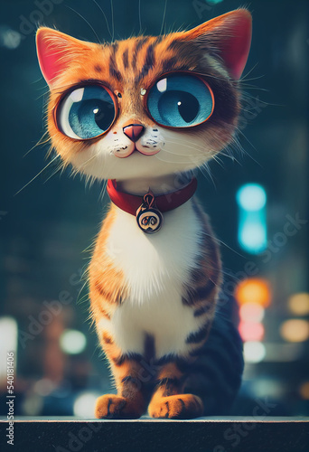 Adorable cat with big eyes shining. Cute cat portait. Cartoon cat in the night city. Fluffy and beautiful cat