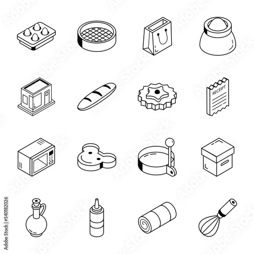 Pack of Bakery Outline Isometric Icons 

