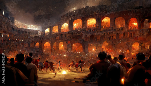 AI generated image of a large crowd watching a chariot race and gladiator fight in the Colosseum, ancient Rome  