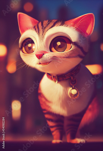 Adorable cat with big eyes shining. Cute cat portait. Cartoon cat in the night city. Fluffy and beautiful cat