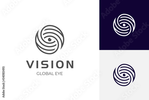 line Eye Logo with Sphere Concept. World Logo with Eye. Global camera eye logo Suitable for spy, Security, Technology logos