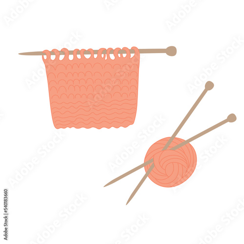 Knitting needles vector stock illustration. Skeins of yarn. Balls of wool for needlework. Isolated on a white background.