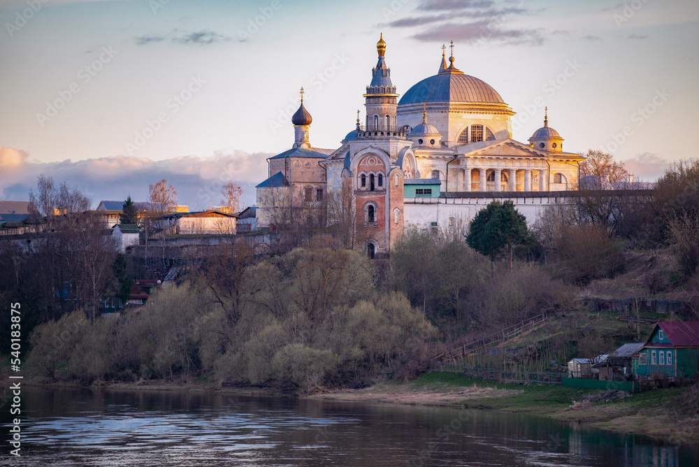 Fototapeta premium April evening at the ancient Borisoglebsky monastery. Torzhok. Tver region, Russia