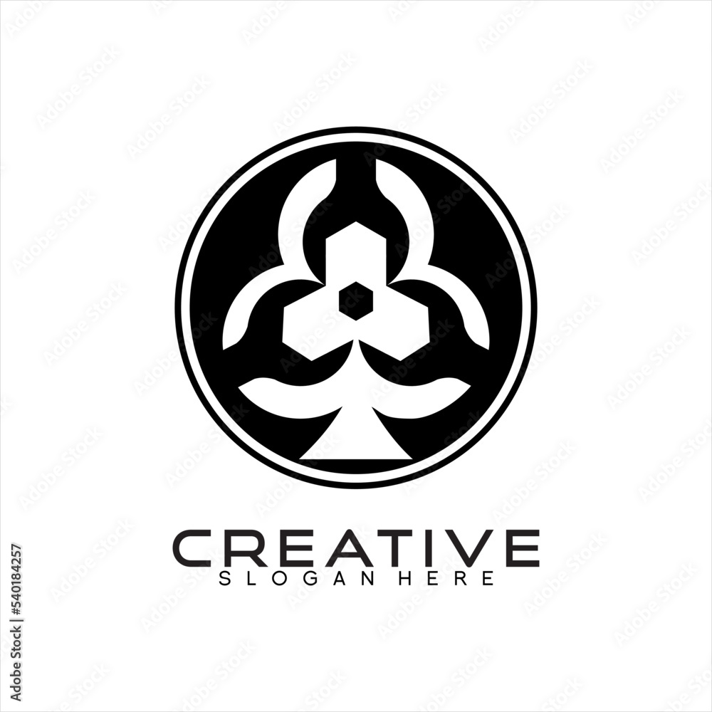 Creative logo design with circle, hexagon and wrench elements in blackjack symbol concept.