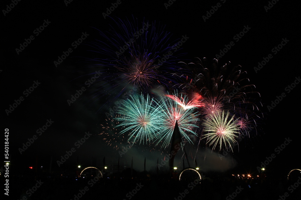Multicolored fireworks in the dark sky, city day celebration.