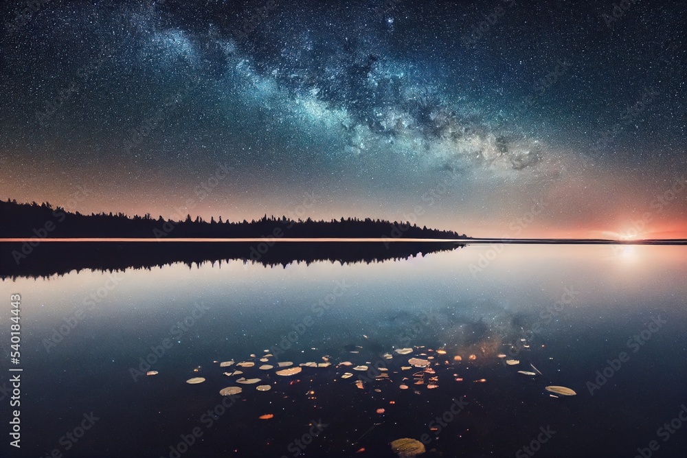 Clear reflection river sight and mountain. milky way galaxy. fantasy
