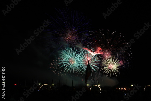 Multicolored fireworks in the dark sky, city day celebration.