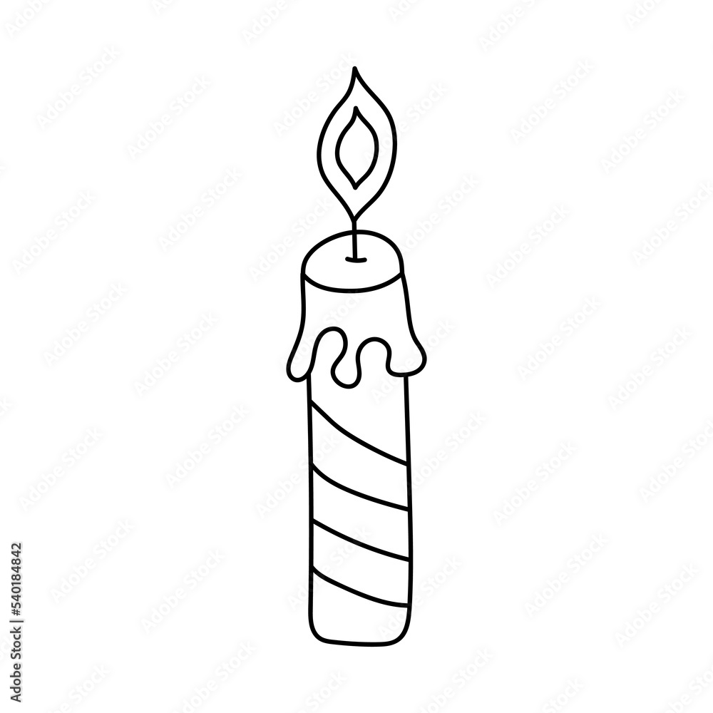 Candle in doodle style. Day of the dead, birthday, celebration, holiday, party, religion concept. Black and white vector illustration for coloring book.