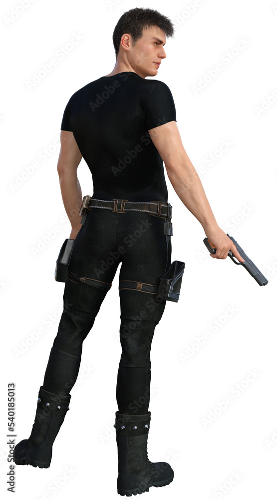 3D Rendered Young Man In Fighting Pose on Transparent Background Wearing Black Suit and Weapon - 3D Illustration 3D Rendered Young Man In Fighting Pose on Transparent Background Wearing Black Suit and Weapon - 3D Illustration