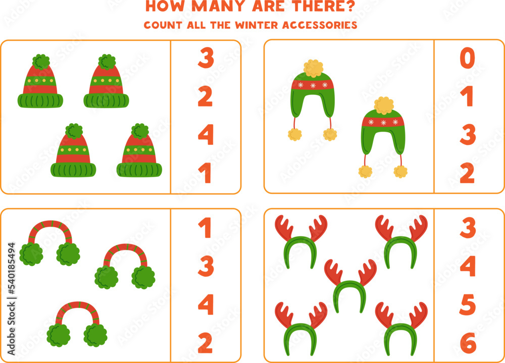 Counting game with cartoon winter accessories. Educational worksheet.