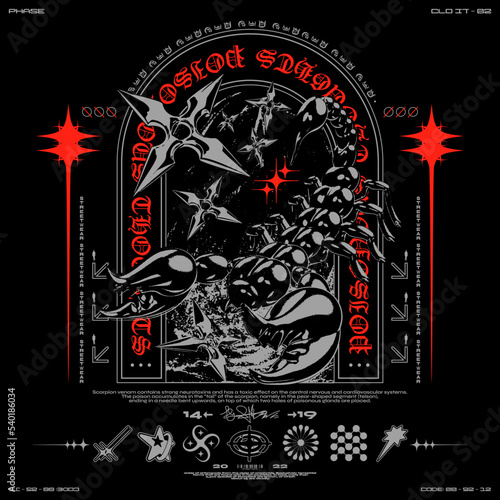 Retro futuristic poster with scorpion and arch. Print in techno style, for streetwear, print for t-shirts and sweatshirts on a black background