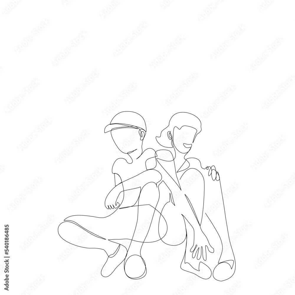 Cartoon Young boy wearing cap and girlfriend are sitting together in single line drawing style.Couple sitting together in hand drawn one lin.Vector illustration flat continue line for Valentine’s Day.
