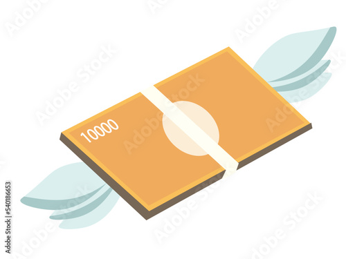 羽の生えたお金。お金が飛ぶ。飛んでいく。札束。ベクターイラスト (背景透過PNG、JPEG)