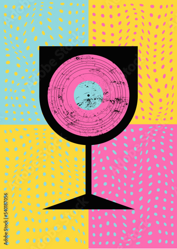 Music Cocktail Bar typographical vintage grunge style emblem or poster design with stylized glass silhouette and vinyl disc on colorful psychedelic background. Vector illustration.