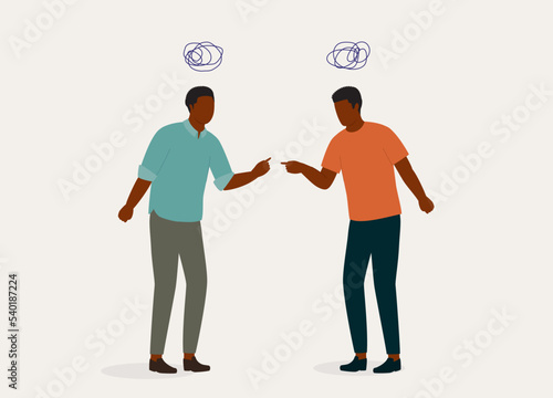 Two Angry Black Man Fighting With Finger Pointing At Each Other. Full Length. Flat Design, Character, Cartoon.