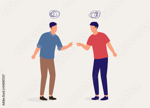 Two Angry Man Fighting With Finger Pointing At Each Other. Full Length. Flat Design, Character, Cartoon.