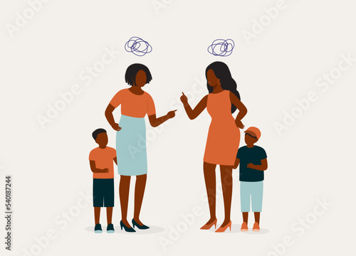 Two Overprotective Black Mothers Fighting In Front Of Their Sons. Full Length. Flat Design, Character, Cartoon.