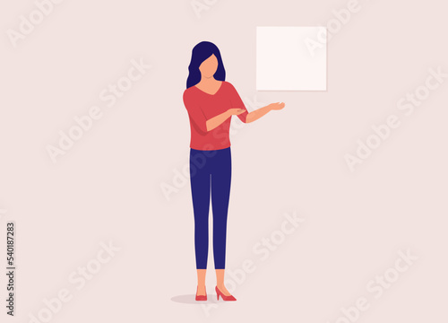 One Young Woman With Both Arms Raised Showing A Blank Sign. Full Length. Flat Design, Character, Cartoon.