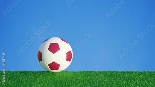3D Football on green grass field blue sky background