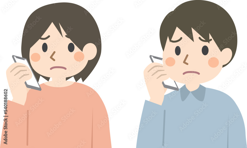 困って電話をかける男女 困って電話をかける男女