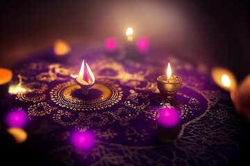 Shiny colorful floral background with illuminated 3D Oil Lamps (Diya) for Diwali celebration.