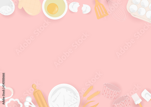 Baking utensils with ingredient background