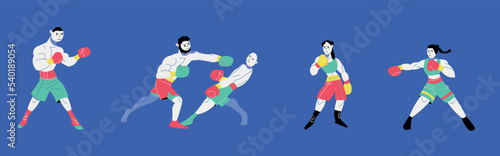 Men and women do boxing. Image of boxers in different poses. Hand drawn