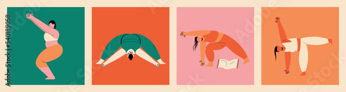 Set with girls, women doing fitness, pilates. Hand drawn. Colorful abstract vector illustration