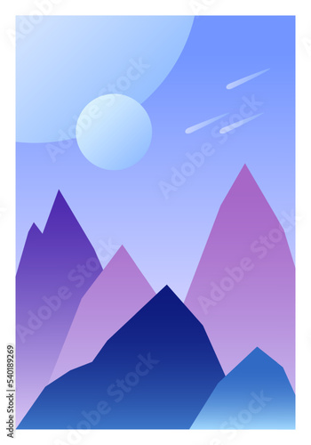 Alien planet surrealist landscape poster  planet surface with rocks and moons