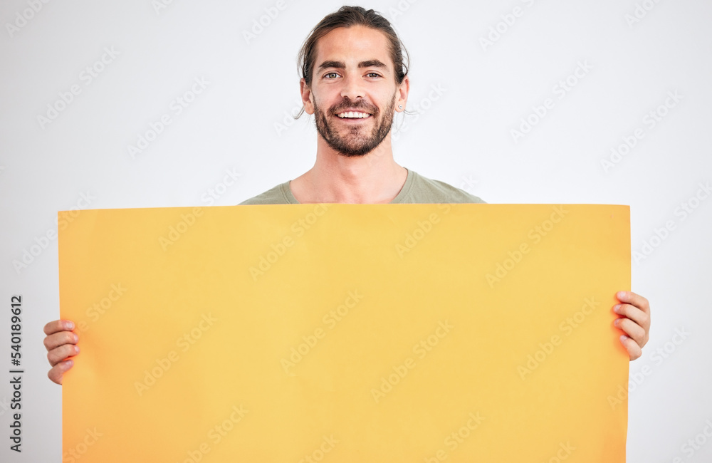 Mockup, advertising and man with yellow poster for text, announcement and message. Marketing, design and guy holding bright cardboard banner in hands with copy space, blank and empty space in studio Mockup, advertising and man with yellow poster for text, announcement and message. Marketing, design and guy holding bright cardboard banner in hands with copy space, blank and empty space in studio