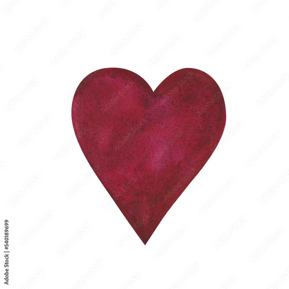 Watercolor heart shape red color isolated on white background. Hand drawn illustration for cards for Valentine s day