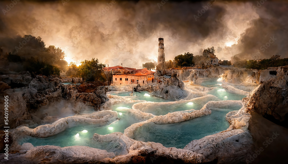 AI generated image of a natural spa with waterfalls and hot springs at Saturnia thermal baths, Grosseto, Tuscany, Italy