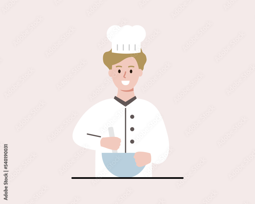 Happy boy mixing ingredient with bowl at home. Children wearing chief hat and uniform preparing food. Cooking, Leisure activity concept. Flat cartoon vector design illustration.