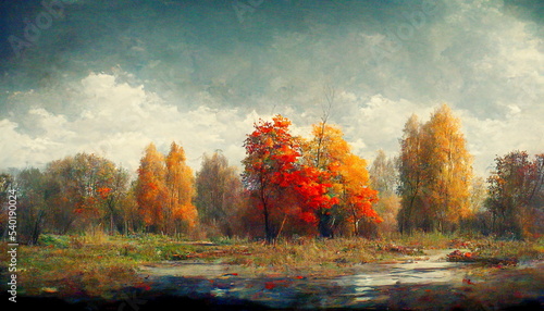 Colorful autumn landscape and colorful trees as illustration for postcards and background