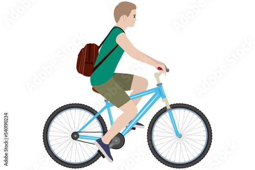 A young guy with a backpack rides a bike. Vector image isolated on white background