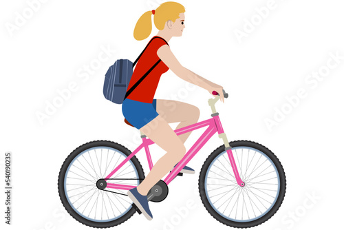 A young girl with a backpack rides a bicycle. Vector image isolated on white background