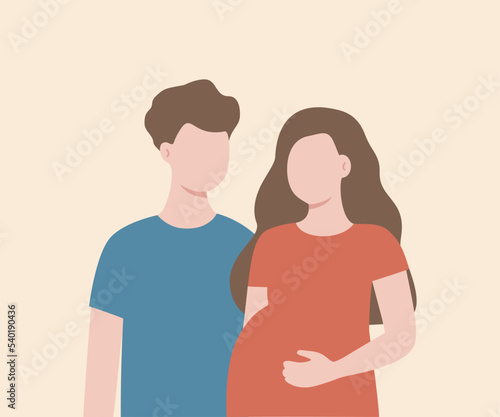 Man and Woman Couple expecting their child. Husband and Pregnant wife holding belly. Pregnancy, parenthood, childbirth concept. Flat cartoon character vector illustration with red hearts background.