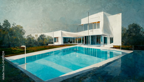 Contemporary modern architecture with white house and pool with blue water as lillustration
