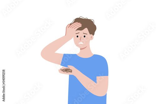 Stressed Young man hand holding Fallen hair worrying about hair loss problem. Healthcare, baldness, disease, alopecia, anxiety concept. Flat cartoon character vector design illustrations