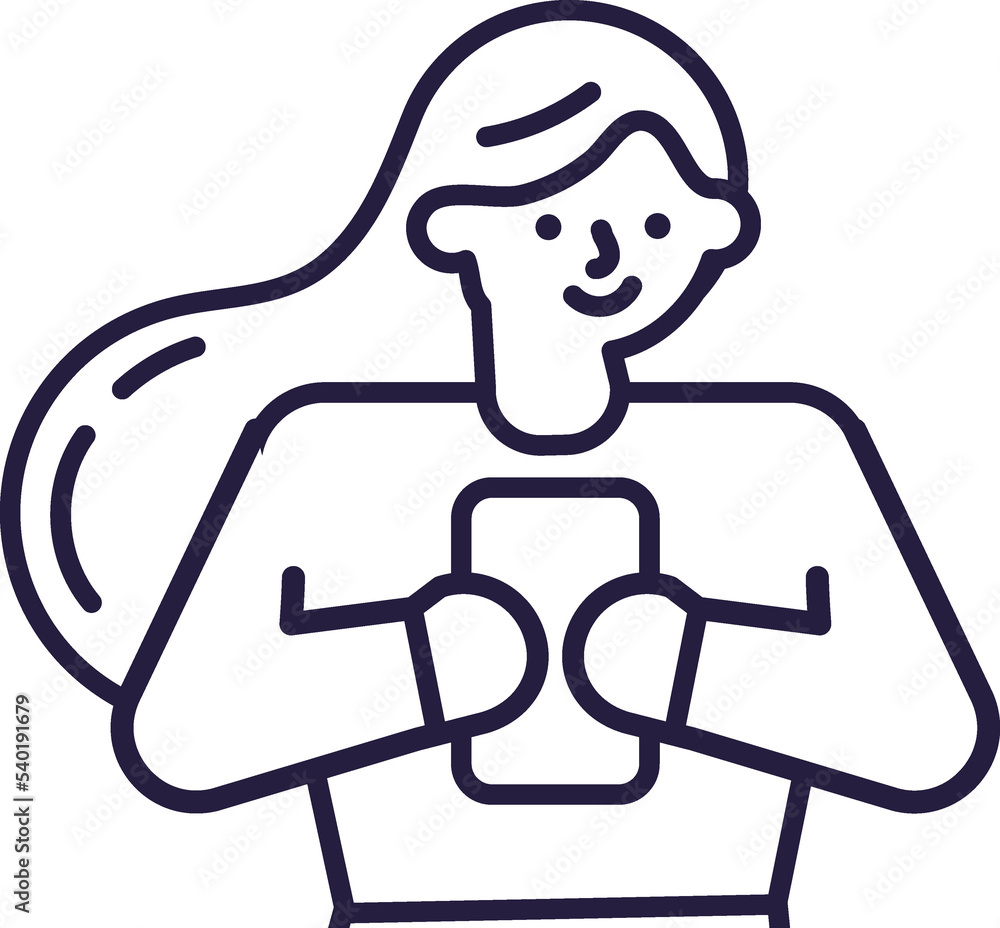 Young woman holding phone linear illustration Young woman holding phone linear illustration