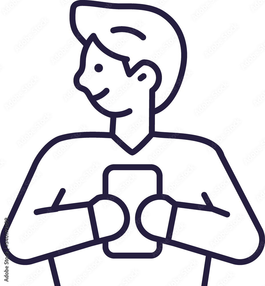 Young man, guy holding phone linear illustration Young man, guy holding phone linear illustration