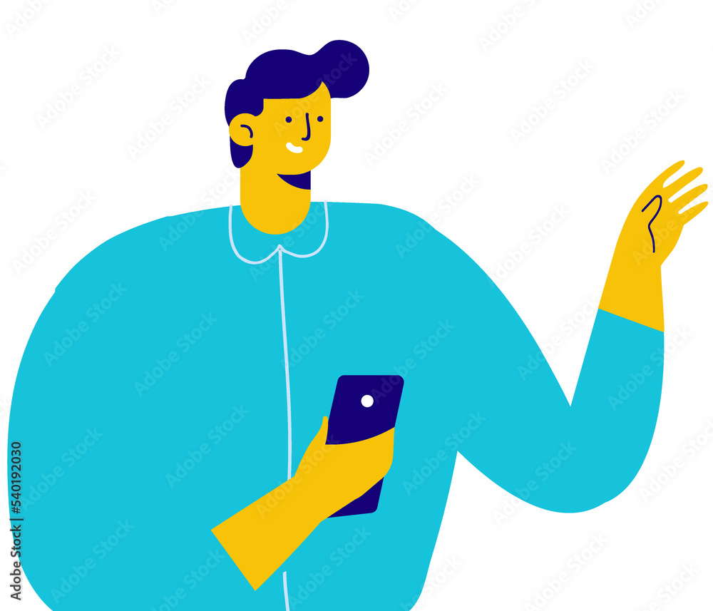 Young man, guy holding phone flat illustration Young man, guy holding phone flat illustration