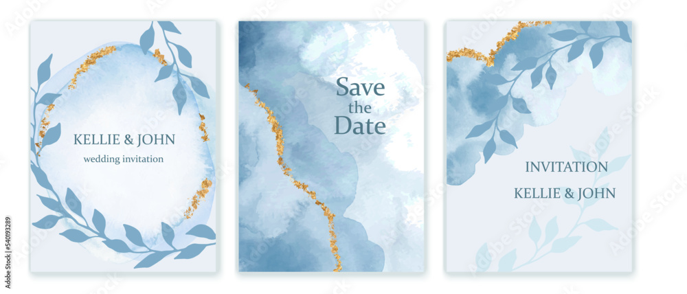 Set of wedding cards, invitations. Watercolor blue abstract backgrounds with plants, leaves, branches, golden foil glitter.