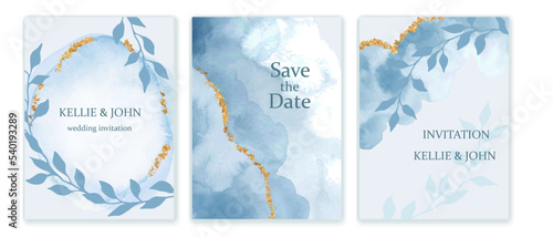 Set of wedding cards, invitations. Watercolor blue abstract backgrounds with plants, leaves, branches, golden foil glitter.