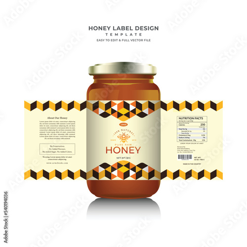 Honey bee label packaging design pure raw honey flower polygon shape bee box print label design.