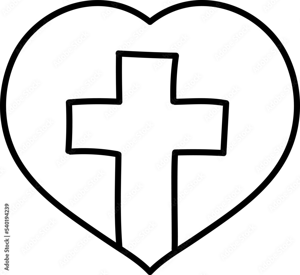 Obraz premium Christian cross inside heart shape icon hand drawn vector illustration