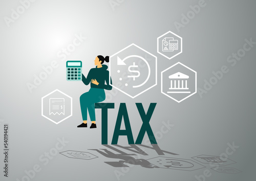 woman accountant calculates and completeness individual income tax returns online for tax payment. Government, state taxes. Data analysis, paperwork, financial research, report.