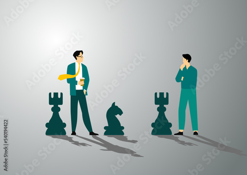 Businessman playing chess and try to find strategic position and tactic for long-term success plan or goal. Symbol of vision, competition, negotiation, planning and challenge.